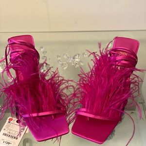 Brand new Zara Feather Pink Satin Tie-Up Heels,